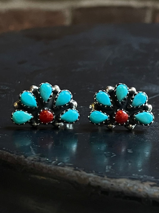 Turquoise Italian Coral Cluster Stud Earrings | Sterling Silver E650
