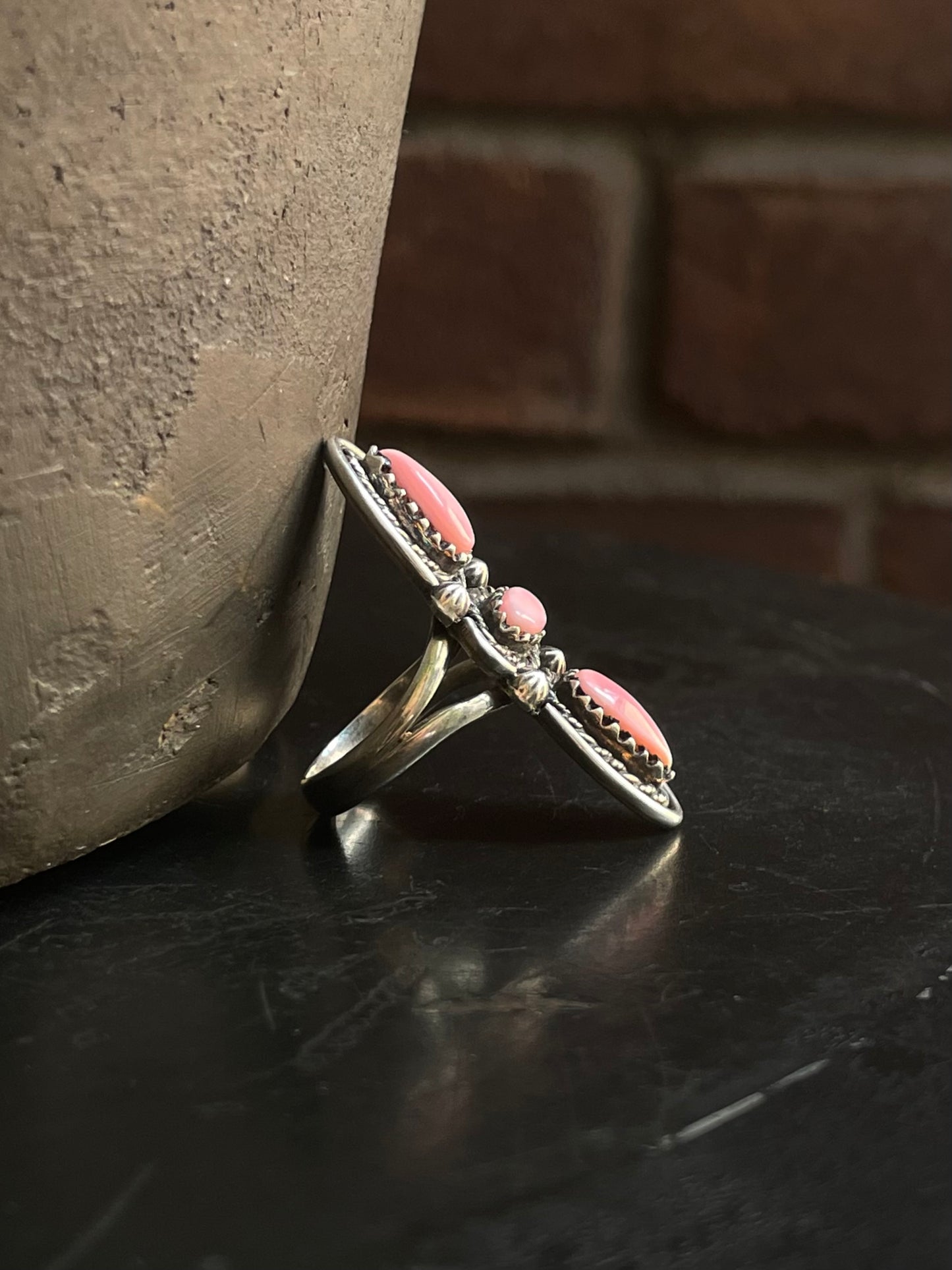 Pink Conch Triple Stone Ring Size 6 | 925 Sterling Silver G530