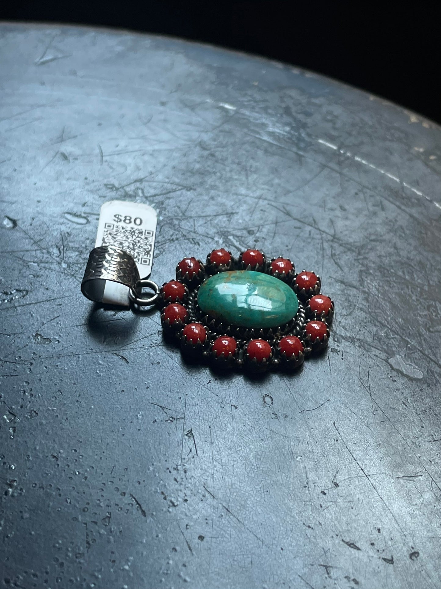Kingman Turquoise Coral Cluster Pendant | Sterling Silver | A523