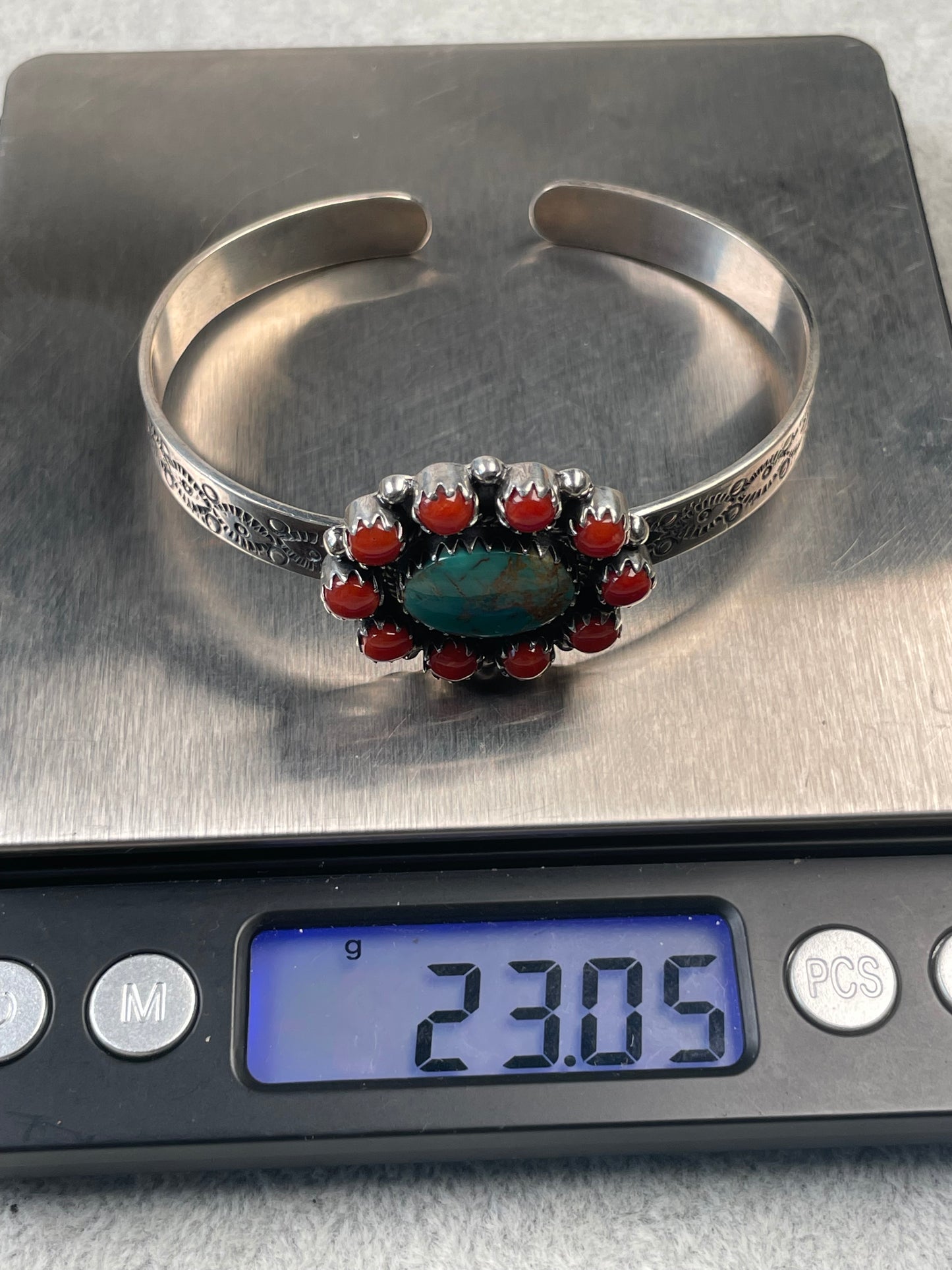 Kingman Turquoise & Red Coral Cluster Cuff Bracelet | Sterling Silver D139