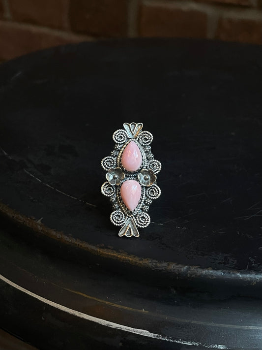 Pink Conch Double Stone Ring Size 7 | 925 Sterling Silver C548