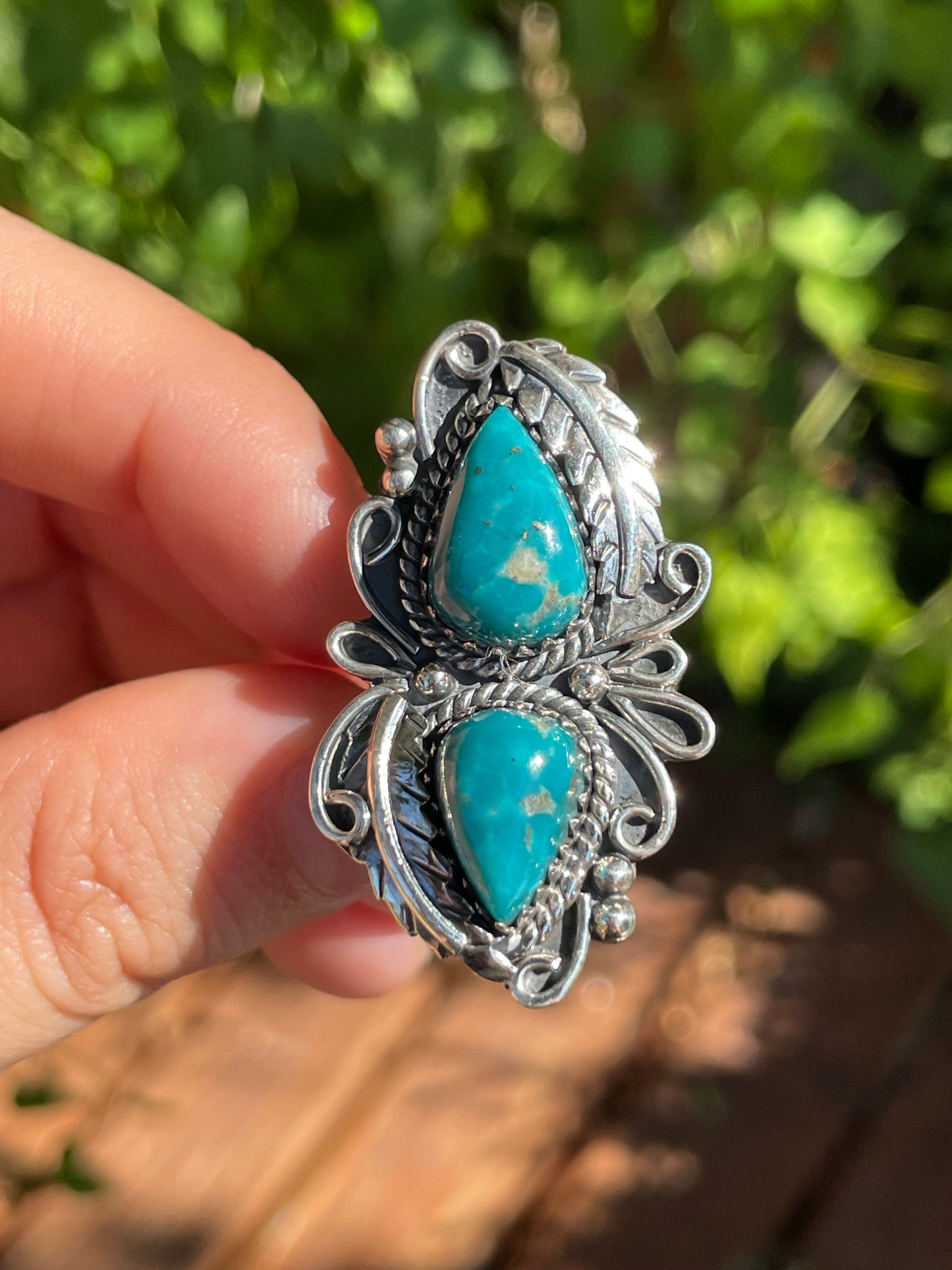 Turquoise Rope & Leaf Ring | 925 Sterling Silver | Size 7 Z9