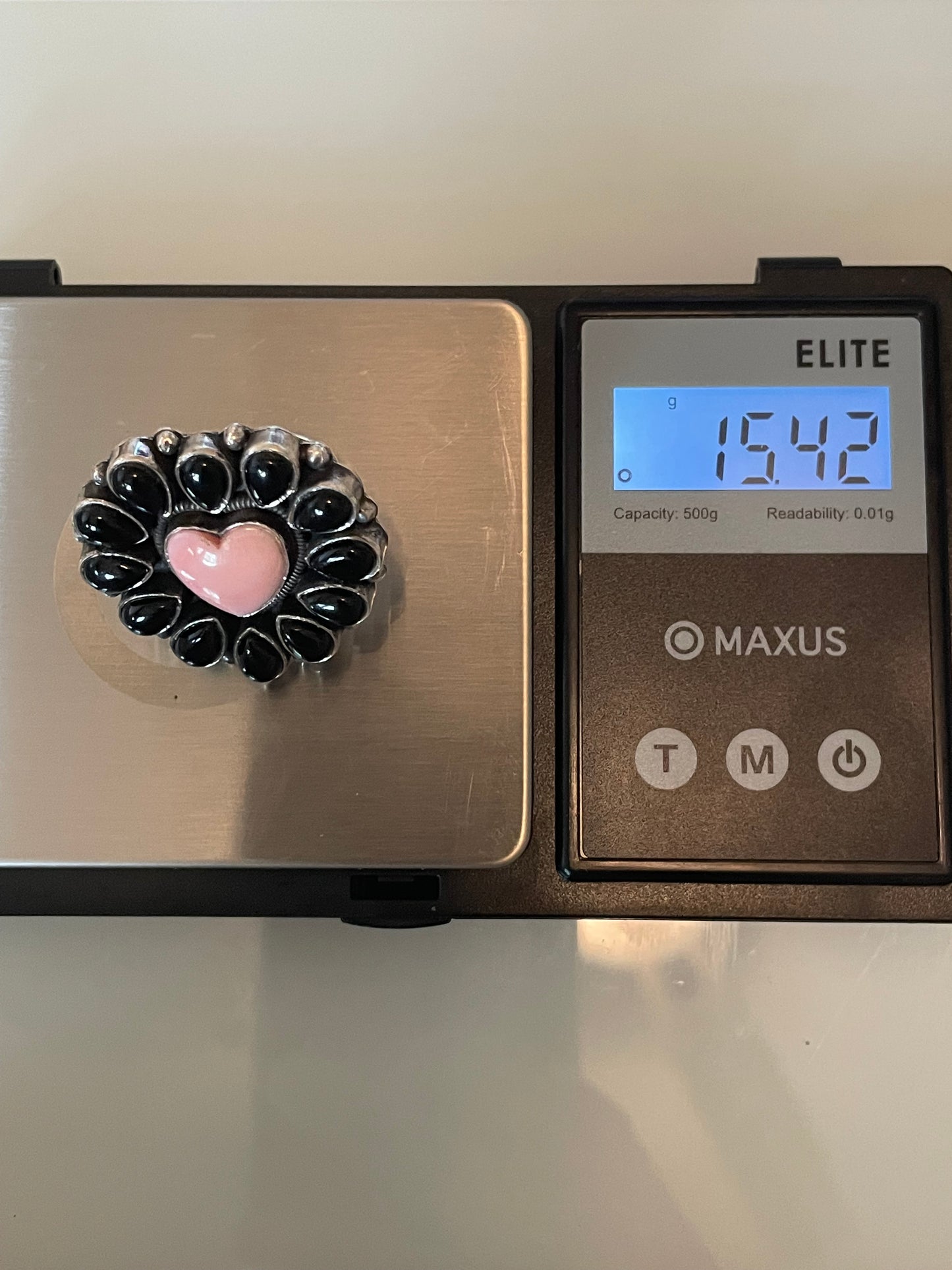 Pink Conch Heart & Black Onyx Cluster Ring | Sterling Silver | Size 6 G340