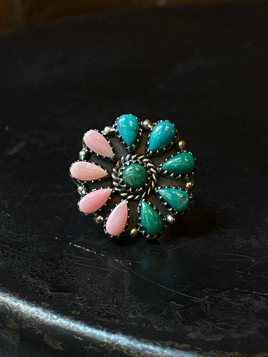 Kingman Turquoise Cluster Ring | Sterling Silver | Size 7 | A350