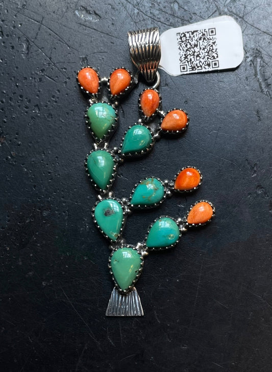 Kingman Turquoise Cactus Pendant | Sterling Silver | A594