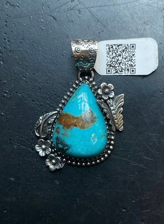 Kingman Turquoise Butterfly and Leaf Pendant | Sterling Silver | A675