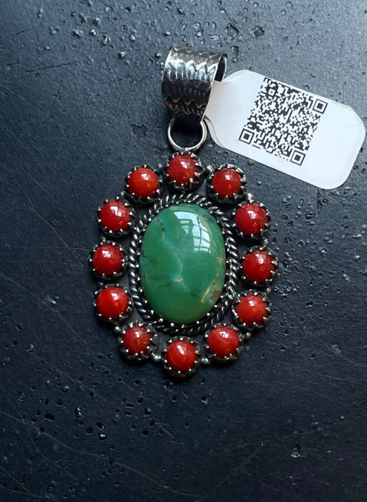 Kingman Turquoise Coral Cluster Pendant | Sterling Silver | A520